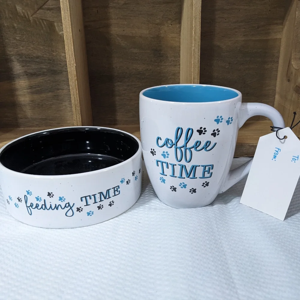 💙 Coffee Time & 🐾 Feeding Time Pet Mug Bowl Set NEW